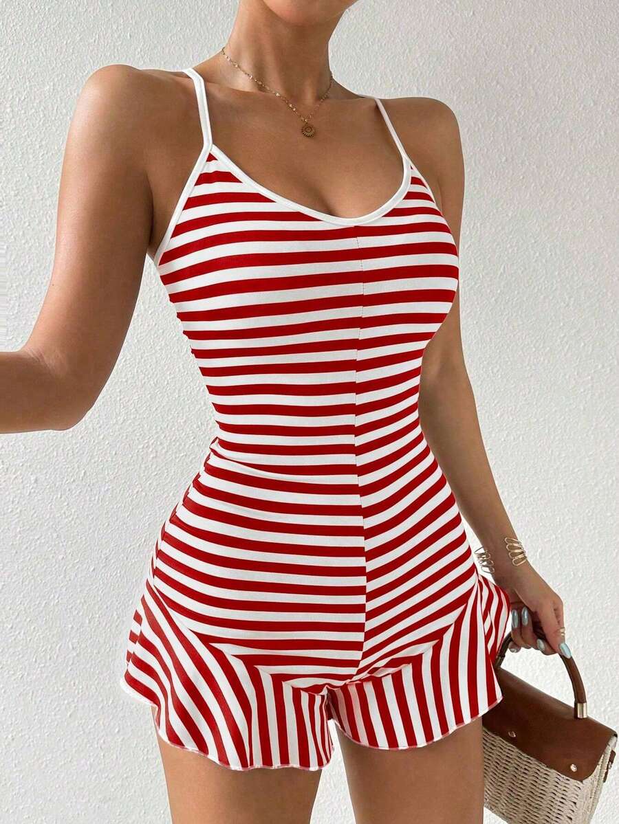 Women's Elegant Casual Slim-Fit French Ruffle Trim Jumpsuit, Spring/Summer - Red - View 1