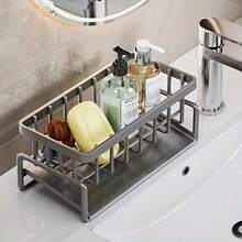 1pc Multi-Functional Kitchen ABS Material  Storage Rack Kitchen Sink Faucet Sponge Drain Basket Kitchen Shelf Sink Rags Draining Rack Detergent Steel Wire Ball Storage Rack,  Can Hang Cleaning Cloth Can Store Cleaning Tools, Kitchen Accessories - Grey - View 5