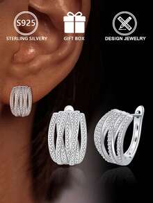 1pc 925 Sterling Silver Women Multi-Layer Interwoven Cubic Zirconia Hoop Earrings, Sparkling Personalized Earrings, Gift Box, Suitable For Daily Wear And Festivals - Silver - View 4