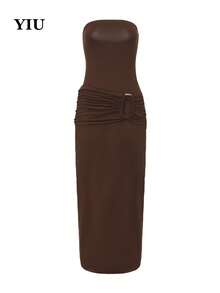 YIU Women's Sleeveless Bodycon Maxi Dress, Off-Shoulder Neckline, Ruched Gold Button Detail, Knit Fabric, Elegant & Sexy - Brown - View 3