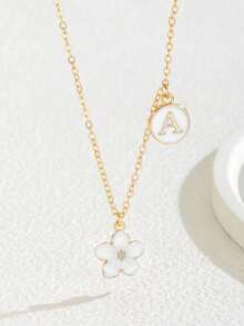 1pc Elegant Alloy White Flower & Letter Pendant Necklace, Party Decor Accessory, Gift For Family & Friends, Jewelry Accessory - White - View 4