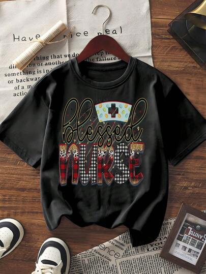 Women's Nurse Graphic Tee Short Sleeve Crewneck T - Shirt  Letter Print Plaid Pattern Casual Loose Fit Top For Daily Wear, Nursing Student Gift