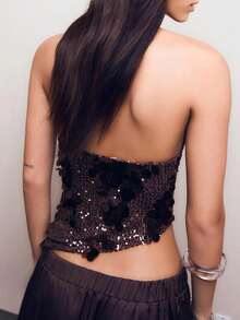 Women's Sequin Sparkly Sleeveless Halter Top Wrap V Neck  Asymmetrical Party Tank Tops - Dark Brown - View 4