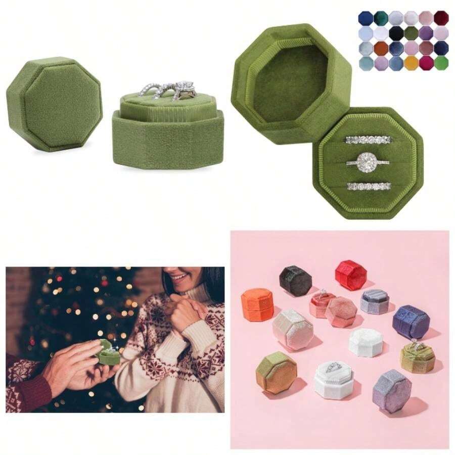 Velvet 3 Slots Jewelry Ring Box Engagement Wedding Box Keepsake Box Bridal Photo Ring Triple Slots Octagon Olive Green - 3 SLOTS + Olive Green - View 1