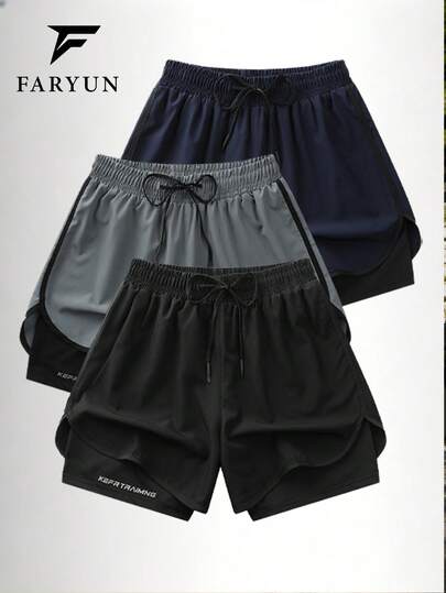 Pantalones cortos casuales para hombre de talla grande, diseño de 2 en 1 de unicolor, cómodos y transpirables, pantalones cortos deportivos de verano