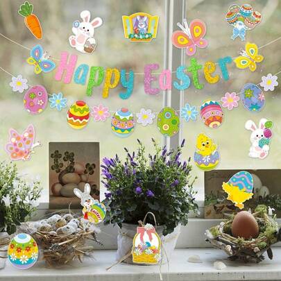 12pcs Easter Party Decorations, Rabbit Carnival Decorative Banner, Flags, Rabbit & Eggs Stickers