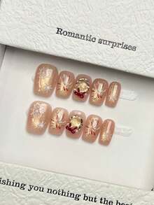 10pcs Handmade Nails Square Nails Acrylic Press On Nails Short, Minimalism Pink Nails, Flashy Gold Cateye, Fireworks Snow Pattern, 3D Bow Inlaid, Simple Elegant Luxury Handcrafted Nails Autumn Nails, Fall Press On Nails, Cute Aesthetic, Versatile Nails DIY False Nail Art Party Daily & Dating Use Beach Tropical Getaway Suitable Reusable, For Women & Girls As Gift Nail Supplies - Pink - View 3