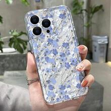 1pc Blue & White Floral Illustration Transparent Phone Case Compatible With Apple 17, 16, 16e, 15, 14, 13, 12, 11 Pro Max, X, XR, XS, 8, 7 Plus, Protective Cover - Clear - View 2
