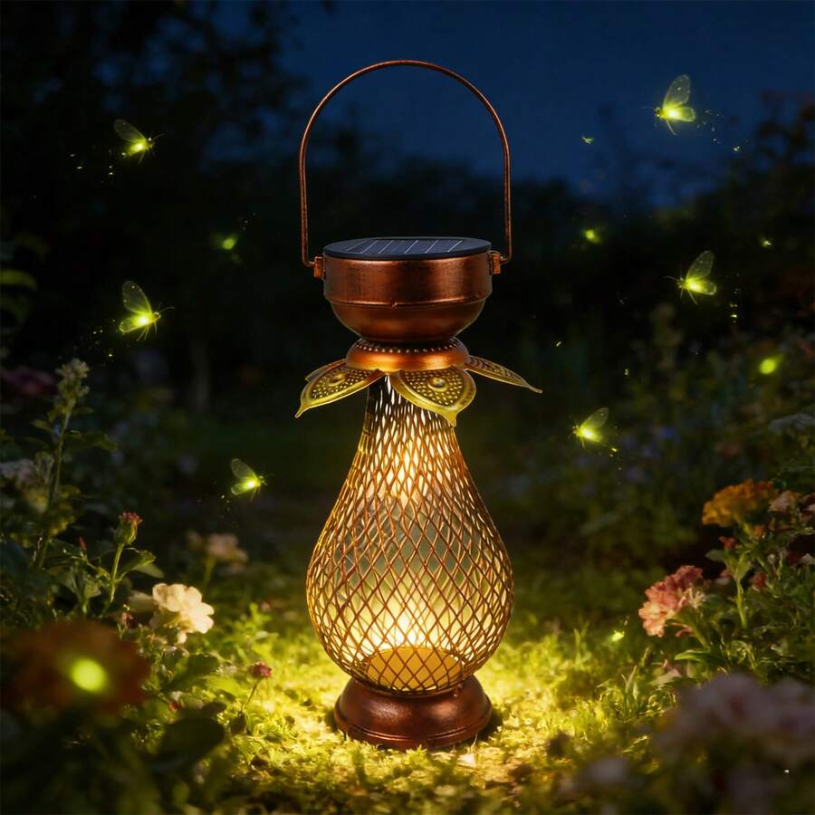 Vintage Iron Grid Flower Bud Solar Hanging Lamp, Ramadan Eid/New Year/Valentine's Day Decor Light, Balcony Yard Atmosphere Lamp, Outdoor Waterproof Night Light, Great Gift For Family And Friends - Multicolor - View 1