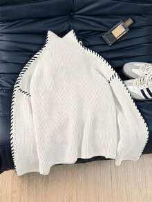 Áo len cổ cao tối giản nữ EAVA, dáng rộng phong cách đa năng, phong cách đường phố thường ngày, chi tiết may thủ công tinh xảo màu trắng - trắng - Xem 4