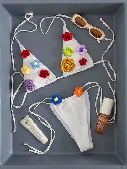 Women's Sexy Solid Color Tie-Up Backless Knitted Floral Decor Swimsuit Set, Suitable For Beach, Vacation, Casual