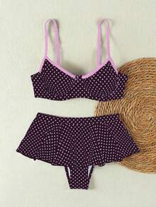 女士复古波点黑粉撞色挂脖比基尼，荷叶边度假风性感两件式泳衣，适合海滩、夏季、春季穿着，2026年女士生日装、健身服、优雅连衣裙、度假装、休闲上衣 - 彩色 - 查看 3