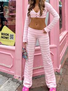 Striped Long Pants For Women Fold Over Low Rise Straight Leg Sweatpants Y2k Stretchy Loose Wide Leg Pants Lounge Leggings - Hồng - Xem 6