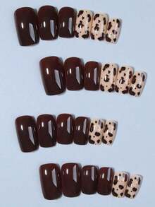 24pcs Square French Brown Leopard Print Nail Stickers To Enhance Your Fashion Style! Perfectly Fits Acrylic Nail Set. Includes 1pc Jelly Gel And 1pc Nail File. Leopard Nail Stickers Suitable For Women And Girls For Daily And Party Use. E5W1 - Nhiều màu 4 - Xem 8