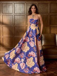 Faeriesty 优雅无肩带晚礼服，露背系带设计，高腰A字裙摆，高开衩，通体大花卉印花，适合婚礼宾客、正式写真、红毯活动、浪漫婚纱照、誓言重温仪式、春假派对等场合。 - 紫色 - 查看 6