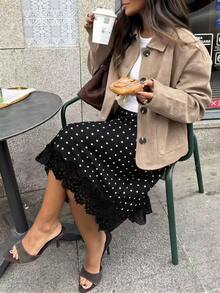 女士波点拼接撞色优雅派对梭织镂空蕾丝边半身裙，适合度假、海滩、秋冬季穿着 - 黑色 - 查看 6