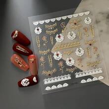 5D Embossed Nail Art Stickers Gold Rose Nail Decals Hollow Out White Lace Nail Stickers For Artificial Nail Art With Lace Flower Se--Adhesive Nail Supplies For Women Manicure Decorations - 風格6 - 查看 2