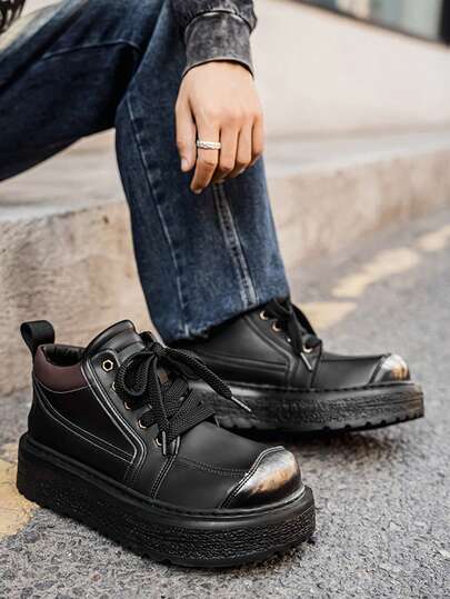 Chunky Sneakers, Fashionable Thick-Soled Elevated Casual Shoes, Retro Street Style Mid-Top Vulcanized Shoes For Teenage Boys And Young Men, Minimalist Versatile Streetwear Footwear, Suitable For All Seasons