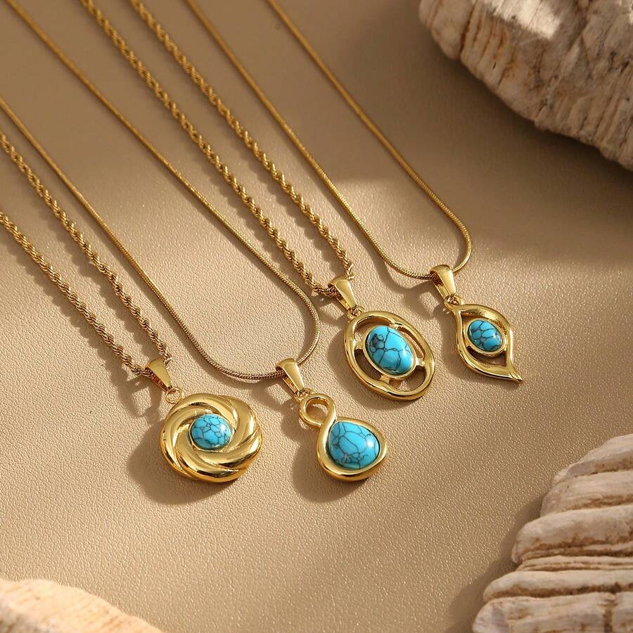 1 pieza de collar de cadena de suéter con colgante de turquesa de acero inoxidable 304 simple, de moda y versátil para mujeres - Dorado - Ver 1