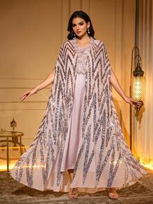 Elegant V-Neck Batwing Sleeve Robe With Contrast Sequin Decor, Non-Stretch Asymmetric Design Spring - Apricot - View 5