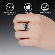 S925纯银圆形立方氧化锆镶嵌时尚戒指，女士款 - 銀色 - 查看 2