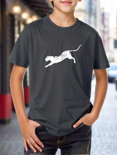 Teen Boys' Casual Animal Graphic Round Neck Short Sleeve T-Shirt, Suitable For Street, Outdoor, Campus, And Daily Wear