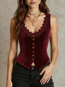 Women's V-Neck Velvet Tank Top, Lace Trim And Button Design Velvet Tank Top Casual Summer - Deep Wine Red - View 3