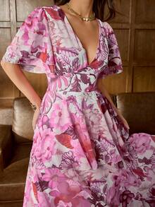 Faeriesty 优雅深V领印花晚礼服，层叠荷叶边下摆，收腰设计，复古袖口，适合婚礼宾客、浪漫写真、盛大庆典、新娘写真、周年纪念晚宴等场合，粉色系春季派对。 - 粉色 - 查看 7