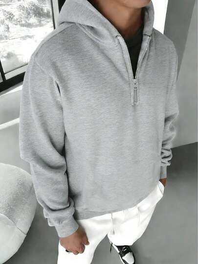 Men's Casual Solid Color Half-Zip Hoodie, Half-Zip Sports Sweatshirt, Long Sleeve Top, Spring/Autumn