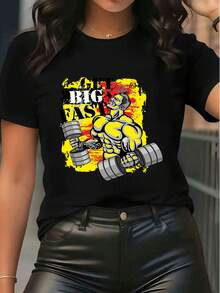 Camiseta de manga corta y cuello redondo para mujer con gráfico impreso "Get Big Fast Fitness" para uso casual y entrenamiento, ideal para el verano y el streetwear - Negro - Ver 6