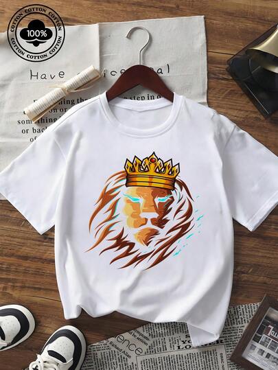 Zomer T-shirt met korte mouwen voor dames en heren, casual losvallend T-shirt met Lion King-kroonprint, streetwear fashion top met ronde hals, zacht en comfortabel voor dagelijks gebruik met een cool dierenpatroon.