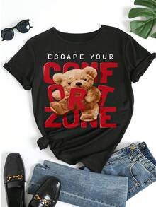 T-shirt à manches courtes pour femmes, col rond décontracté, imprimé d'un ours en peluche, slogan "Échappez à votre zone de confort", mode streetwear d'été - Noir - Voir 5