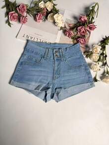 女士水洗黑色牛仔迷你短裤，直筒裤型，前拉链设计，侧边口袋方便实用，休闲风格 - 藍色 - 查看 6