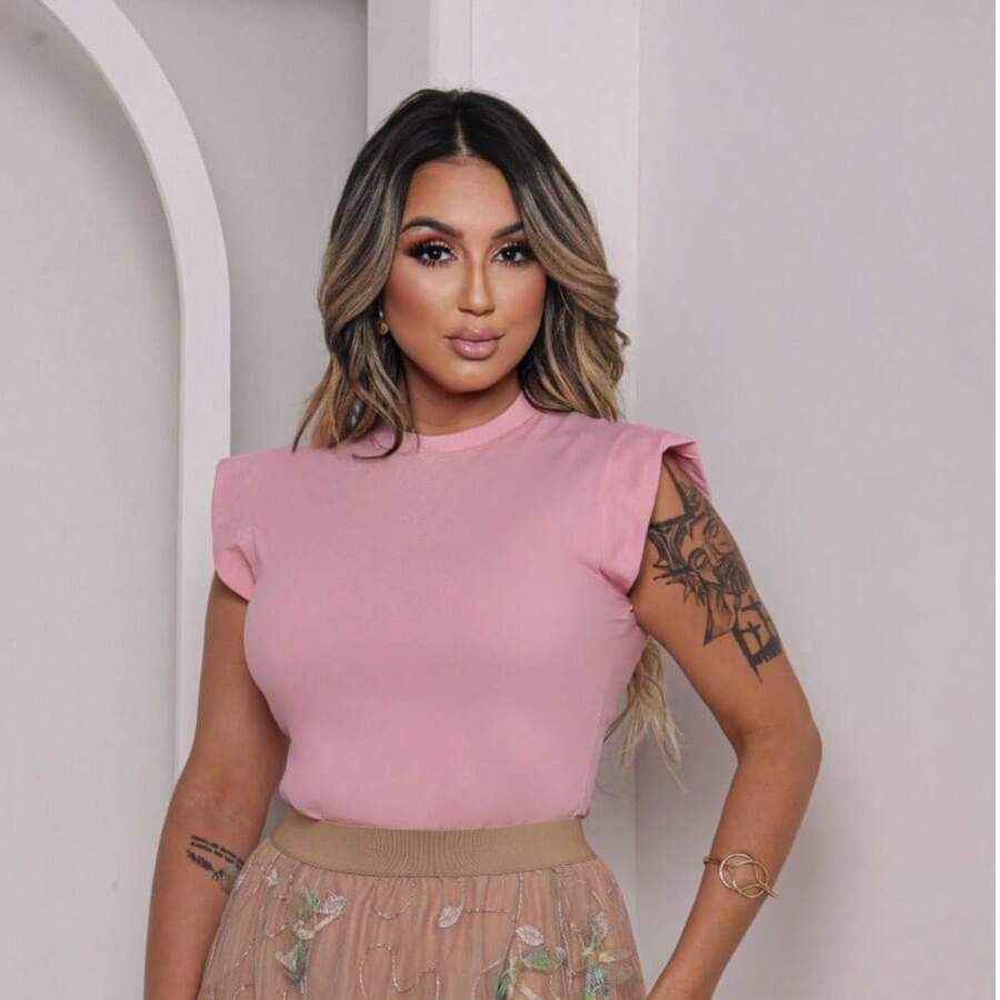 Blusas Femininas Básica Muscle Tee Minimalista T shirts feminina 100% Algodao Camiseta Luxo - Rosa Bebê - Visão 1