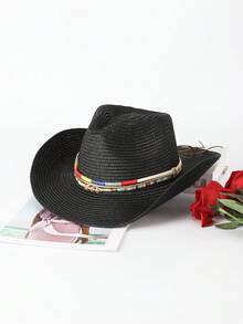 1pc Solid Color Bohemian Straw Hat, Casual, With Metal Decor Hat Band, All-Season Versatile Commuting - B - View 24