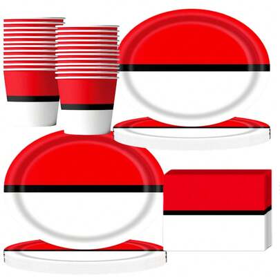 50pcs Ball Theme Party Supplies Set - Red & White Pokeball Pattern Disposable Paper Plates, Cups And Napkins | Children's Birthday Party, Anime Theme Gathering And Game Celebration Tableware | Classic Pokeball Design Decor, Suitable For Kids Party Favors, Family Gathering Decorations And Special Occasions