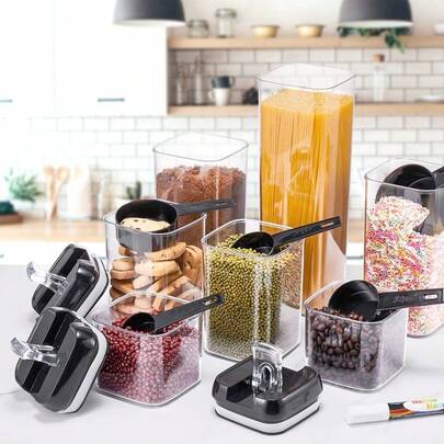 7pcs Airtight Food Storage Containers With Lids, Kitchen Pantry Organization And Storage, Plastic Scale Food Canisters For Cereal, Flour, Sugar, Include Labels & Marker, RV Organization Essential