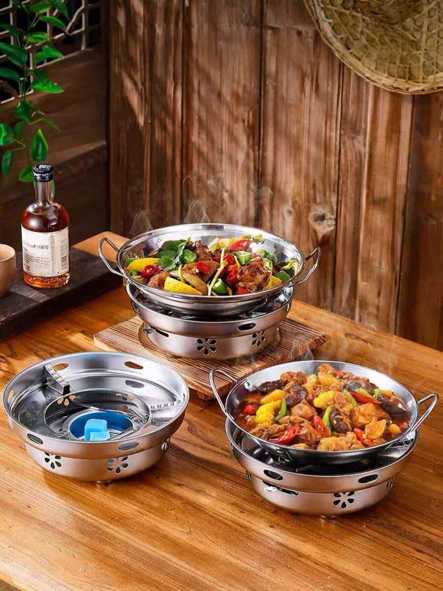 1 Bộ đế bếp đun bằng thép không gỉ, đế lẩu lửa trần bằng thép không gỉ chất lượng cao, có thể làm nóng bát đĩa, đĩa hâm nóng thức ăn chống gió, thích hợp cho gia đình, cửa hàng, nhà hàng, làm quà tặng, tiệc tùng. - Bạc - Xem 1