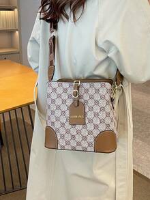 复古时尚小众单肩斜挎宽肩带大容量水桶包 - 灰色 - 查看 4