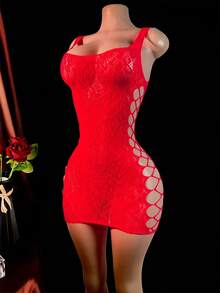 Sexy Off The Shoulder High Stretch Cover-Up| Hollow Cut, Solid Color, Straight Skirt, Conventional Bottom, No Padding - 紅色 - 查看 13