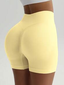 女士无缝弹力提拉塑形瑜伽健身跑步短裤，春夏款 - 黃色 - 查看 7