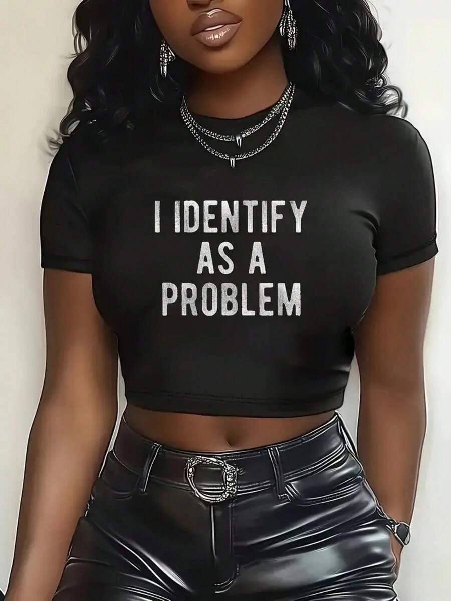 Women'S Slim-Fit Cropped T-Shirt With Elastic Waist Design - Lightweight Short Sleeve Round Neck Top, White With Bold "I Identify As A Problem" Slogan Print, Casual & Party Wear, All-Season Comfort, Versatile Everyday Statement Tee, Round-Neck Short Sleeve Top With Graphic Print, Comfortable And Stylish For Daily And Party Outfits, Locally Deliverable, Relaxed Fit For A Flattering Silhouette, Slogan Print For A Look, Lightweight Fabric For Comfort, Perfect For Casual, Women's Crop Top Tee - Chic Basic - 玫紅色 - 查看 1