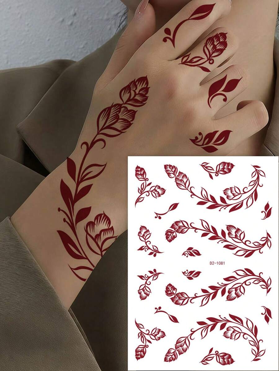 1pc Flower Hanne Tattoo Stickers For Women, Hand ,Leg And Body Art Disposable Temporary Tattoos ,For Women Fake Henna Stickers Waterproof For Festival Wedding Body Art - Burgundy - View 1