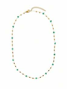 1pc Irregular Emerald Green Stone Stainless Steel Necklace Women's Fashionable Elegant Necklace, Lightweight Waterproof Versatile Choker Necklace For Daily Wear, Party, Date, And Vacation (The Number Of Beads Is Random) - Gold - View 4