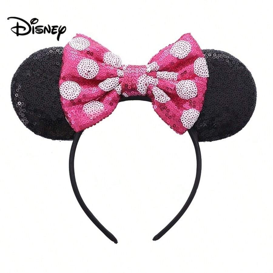 1pc Disney Minnie Mouse Polka Dot Sequin Fuchsia Bow Headband, Party Costume Accessory, Suitable For Valentine's Day Gift, Holiday Party - Multicolor - View 1