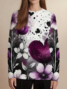 Plus Size Women's 3D All-Over Print Long Sleeve T-Shirt - Purple White Pink Black Grey Heart & Tulip Floral Full-Body Pattern, Casual Round Neck Blouse For Valentine's Day, Birthday Gift, Everyday Winter Warmth (Machine Washable) - Màu hỗn hợp - Xem 1