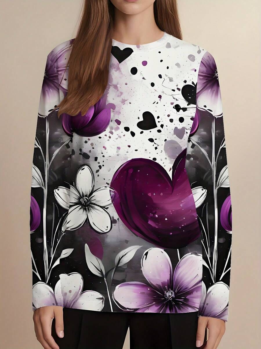 Plus Size Women's 3D All-Over Print Long Sleeve T-Shirt - Purple White Pink Black Grey Heart & Tulip Floral Full-Body Pattern, Casual Round Neck Blouse For Valentine's Day, Birthday Gift, Everyday Winter Warmth (Machine Washable) - Màu hỗn hợp - Xem 1