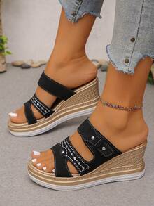 New Women's Fashion Casual Comfortable Simple Black Wedge Increased Height Travel Hemp Rope Versatile Middle-Aged Mother Slippers - Black - View 3