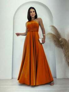 Aghata One Shoulder Long Dress Solid Color Fluity Mesh Elegant Party Fashion Women - 亮橙色 - 查看 1