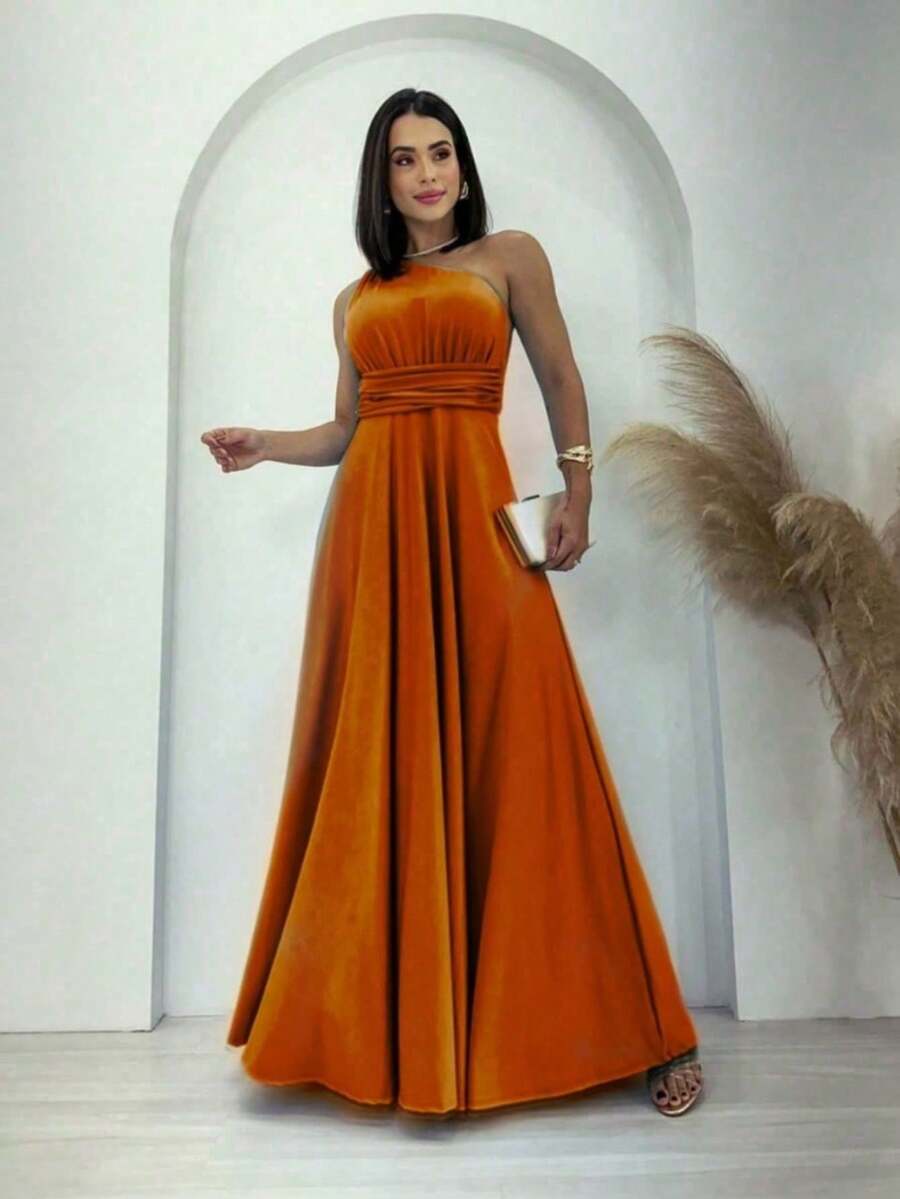 Aghata One Shoulder Long Dress Solid Color Fluity Mesh Elegant Party Fashion Women - 亮橙色 - 查看 1